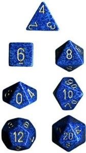 Chessex Speckled Water 7-die set featuring blue and black speckled dice with white numbers for tabletop gaming.