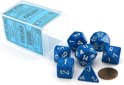 Speckled blue 7-die set from Chessex, featuring various shapes and white numbers, displayed with a coin for size reference.