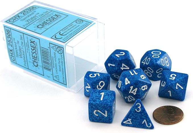 Speckled blue 7-die set from Chessex, featuring various shapes and white numbers, displayed with a coin for size reference.