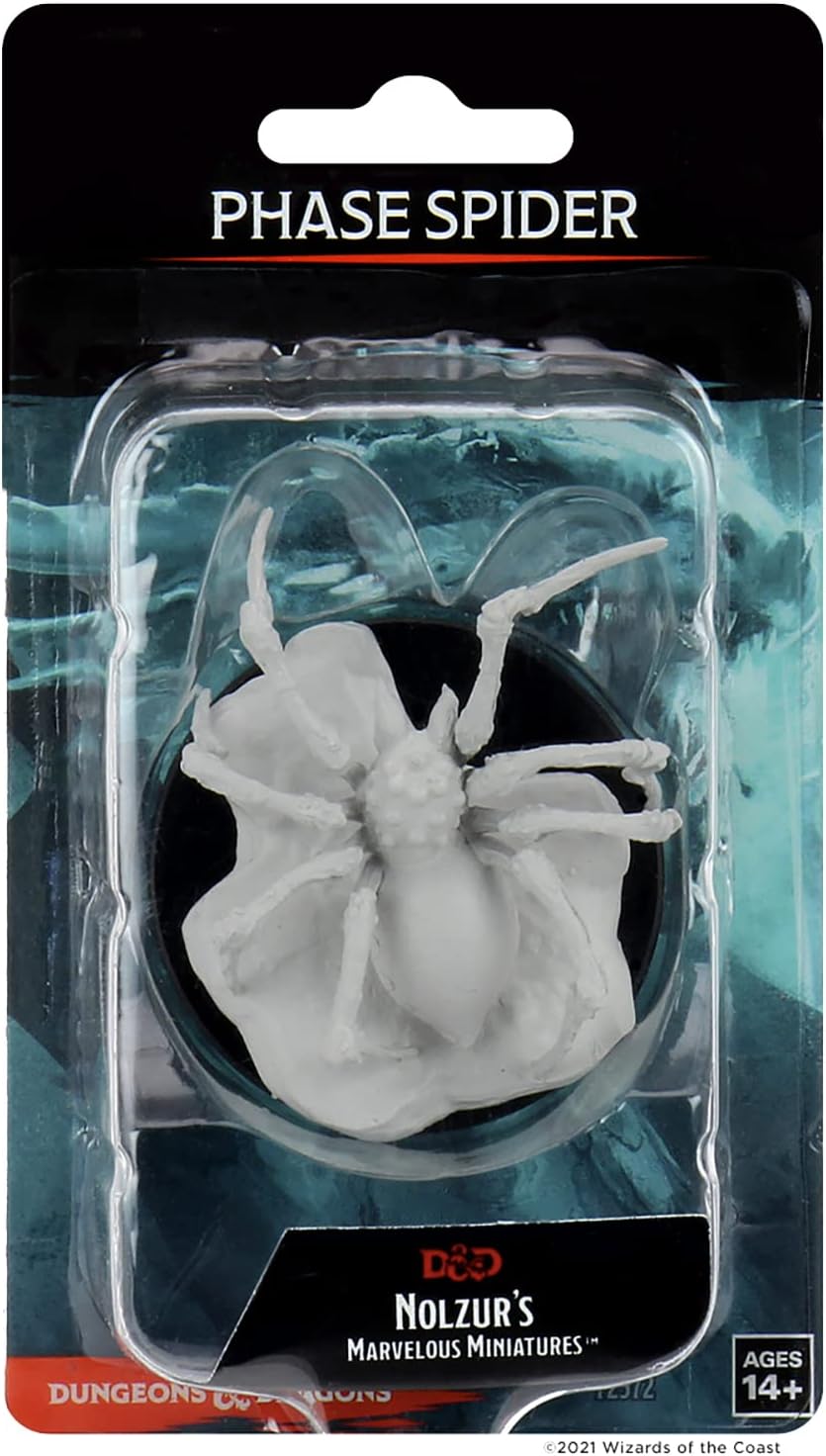 Unpainted Nolzur's Marvelous Miniatures Phase Spider for Dungeons & Dragons, showcasing detailed sculpting in a blister pack.
