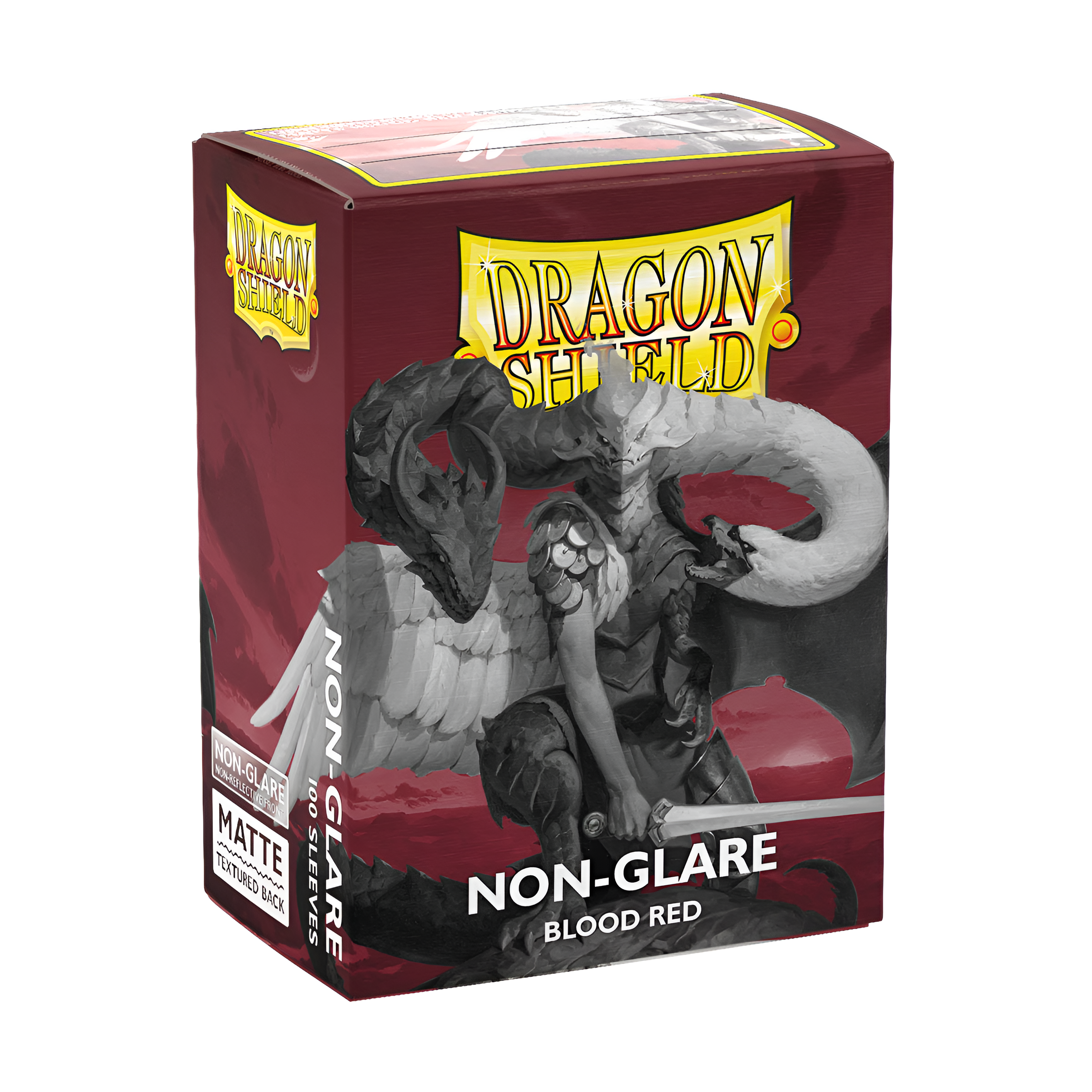 Dragon Shield Standard Matte Non-Glare Blood Red sleeves box featuring a dragon and warrior design, 100 count, preorder item.