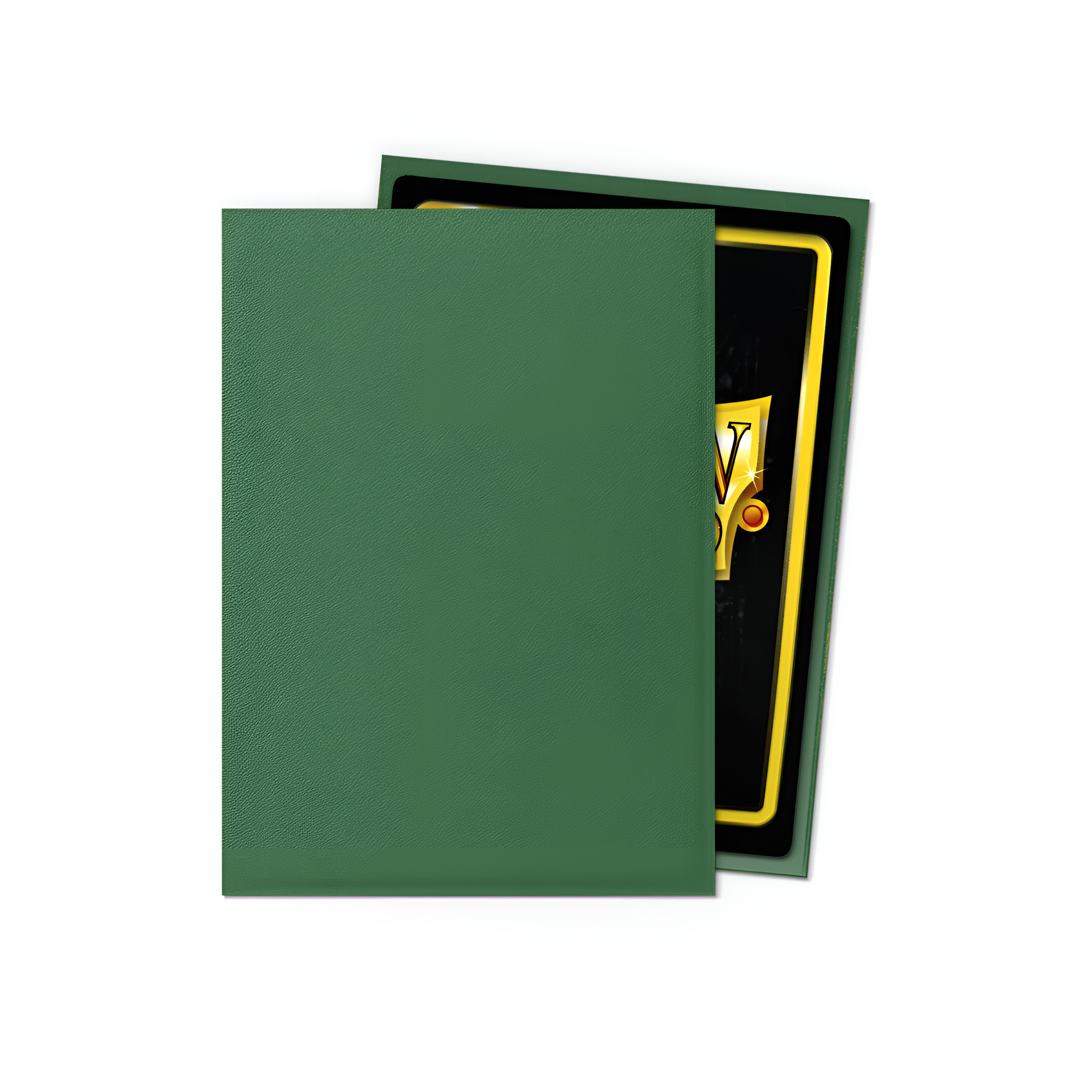 Matte non-glare forest green card sleeves for standard-sized cards, packaged in a 100-count set. Ideal for protection.