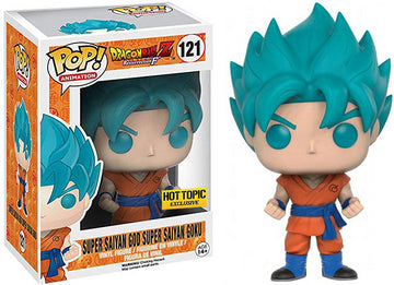 Funko POP! figure of Super Saiyan God Super Saiyan Goku from Dragonball Z, featuring vibrant blue hair and orange outfit.