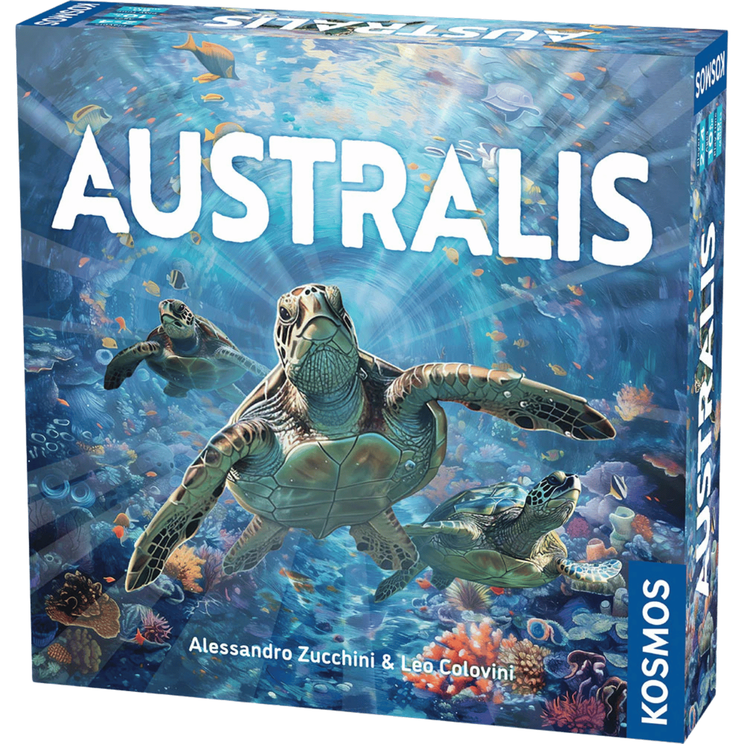 Box cover of Australis board game featuring three sea turtles swimming through a vibrant underwater scene.