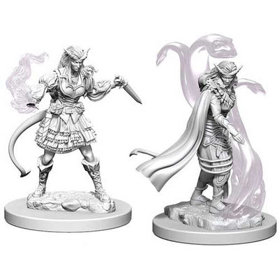 Unpainted miniatures of a female Tiefling sorcerer wielding a dagger, featuring intricate details and dynamic poses.