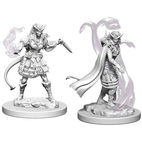 Unpainted miniatures of a female Tiefling sorcerer wielding a dagger, featuring intricate details and dynamic poses.