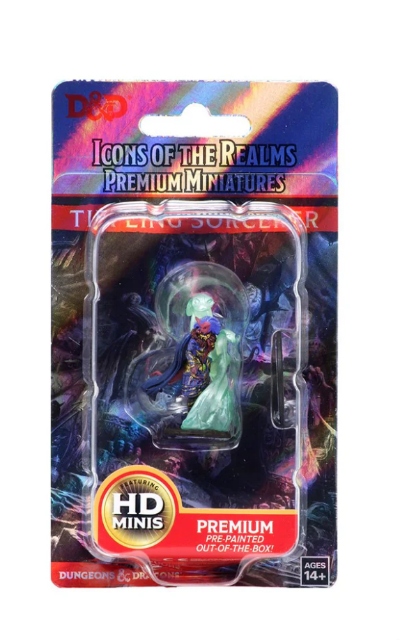 Dungeons & Dragons Tiefling female sorcerer premium miniature in packaging, featuring detailed paint and design.