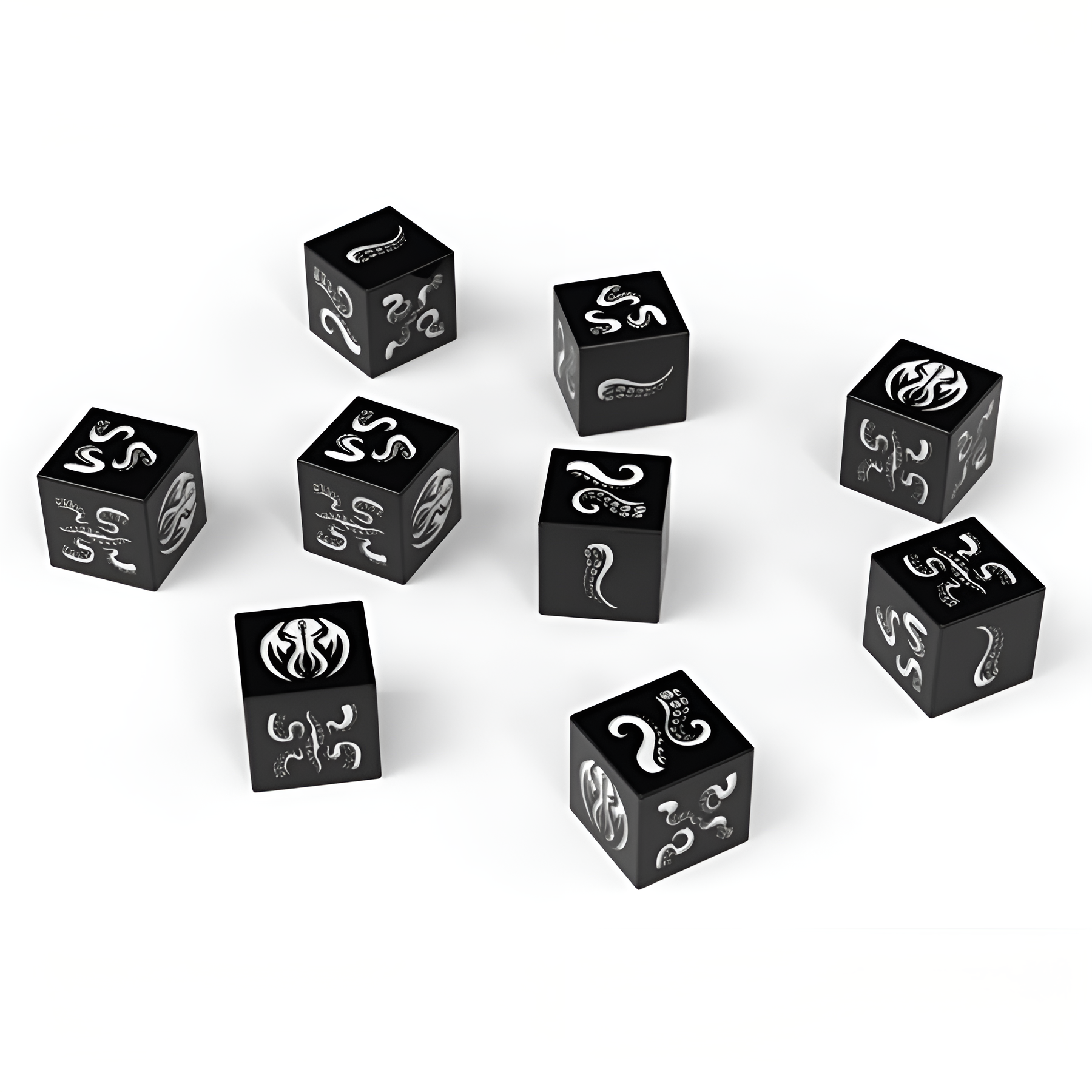 Elder Mythos RPG Great Dreamer Dice Set featuring black dice with intricate white designs of tentacles and eldritch symbols.