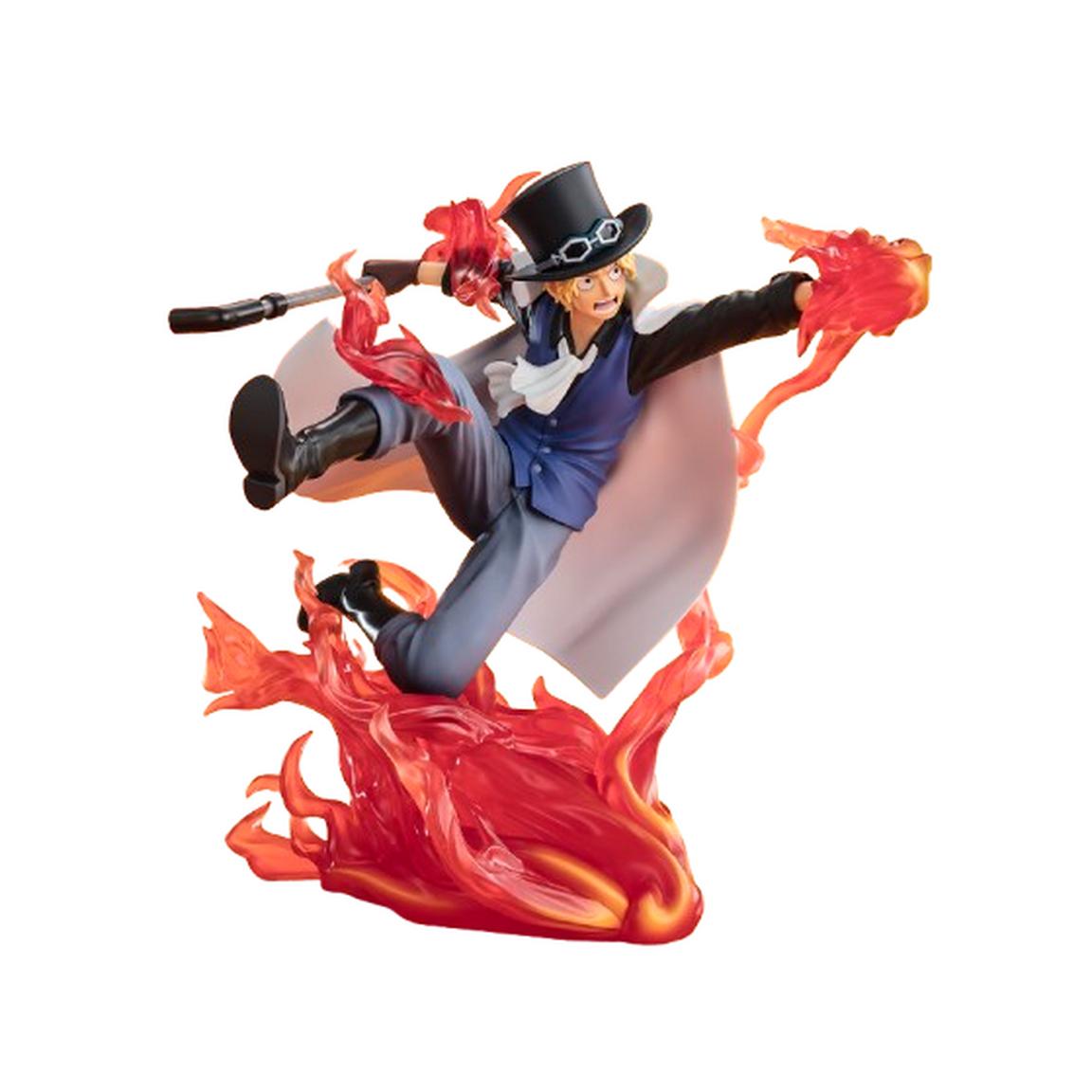 Sabo figure from One Piece, showcasing dynamic pose with flames and a weapon, perfect for collectors and fans.
