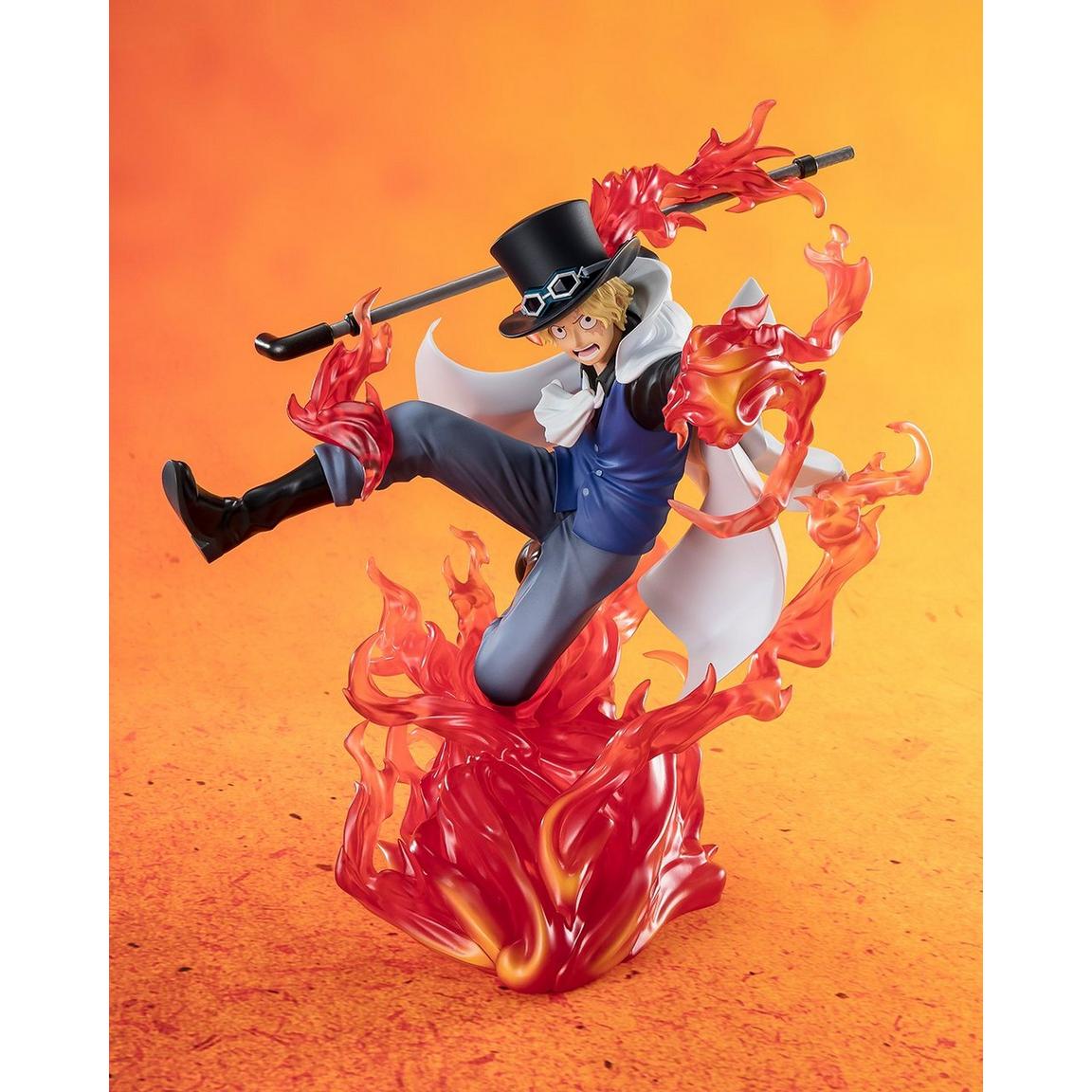 Sabo figure from One Piece, featuring dynamic flames and a striking pose, showcasing his Fire Fist Rook Check.