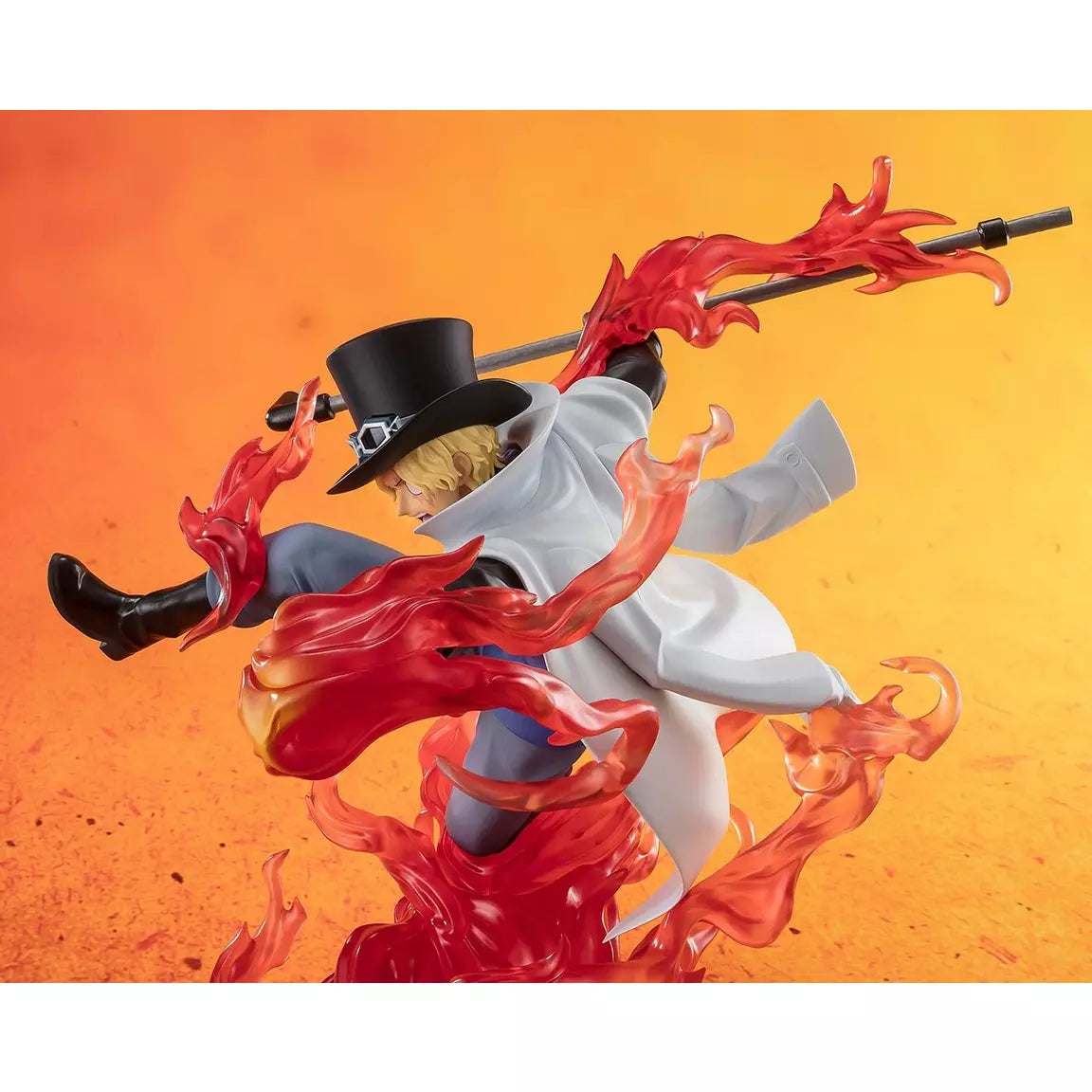 Sabo figure from One Piece by Bandai Spirits, featuring dynamic flames and a striking pose with his signature hat and staff.