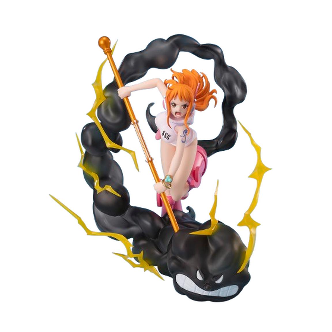 One Piece Nami Lightning Tempo figure from Bandai Spirits, featuring dynamic pose with lightning effects and a black cloud base.