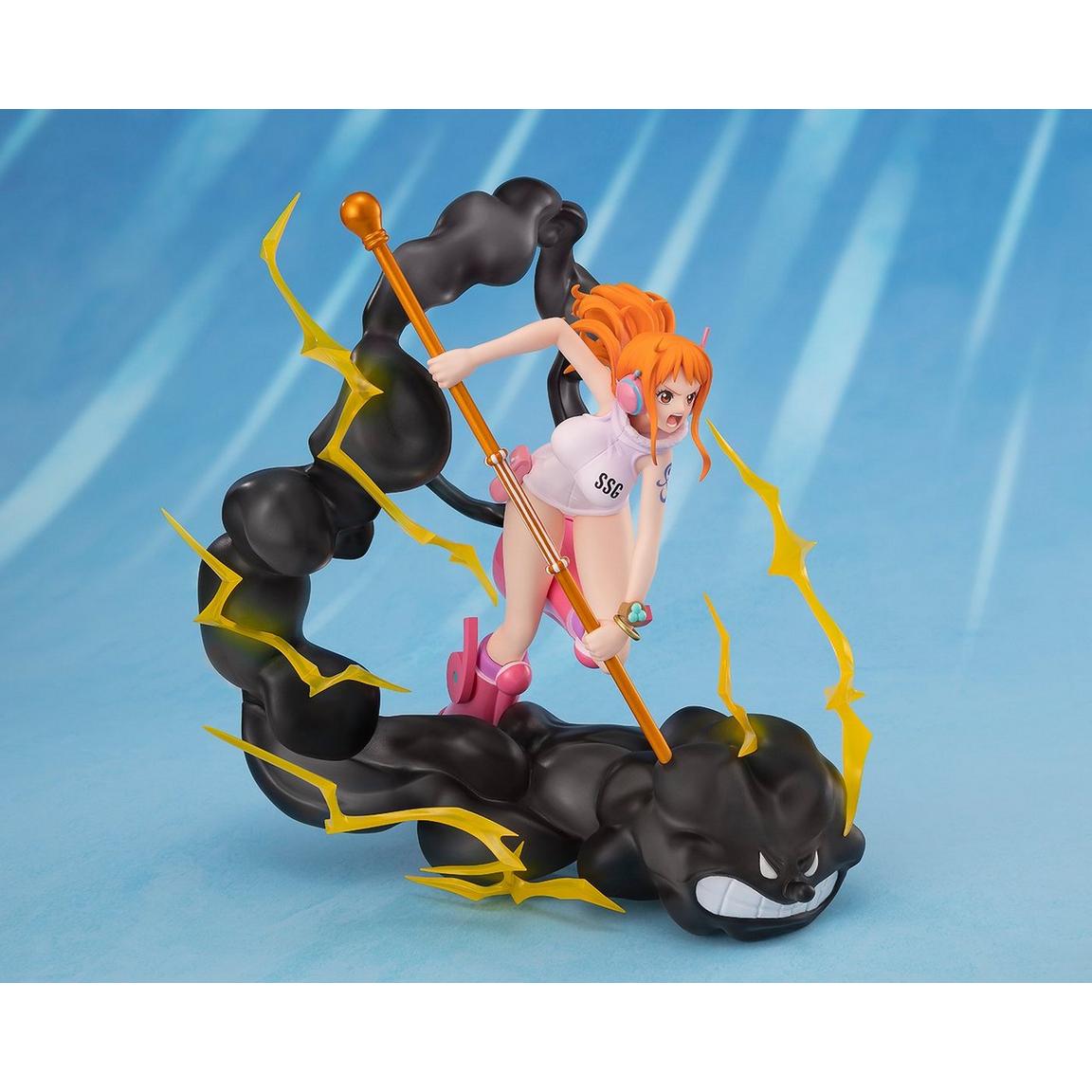Nami figure from One Piece, wielding Lightning Tempo with a dynamic pose and vibrant colors against a blue background.