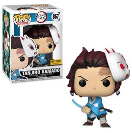 Funko POP! figure of Tanjiro Kamado from Demon Slayer, featuring him with a sword and a distinct mask, in a collectible box.