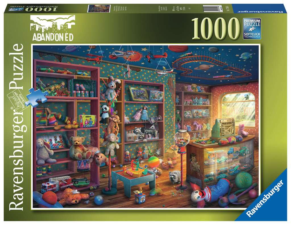 1000-piece puzzle featuring a nostalgic, abandoned toy store filled with colorful toys and a sunlit window.