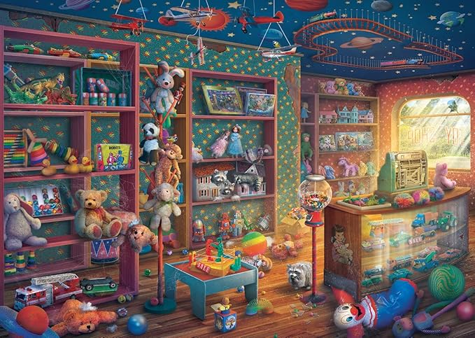 Colorful 1000-piece puzzle depicting a nostalgic, cluttered toy store filled with stuffed animals, toys, and vibrant decor.