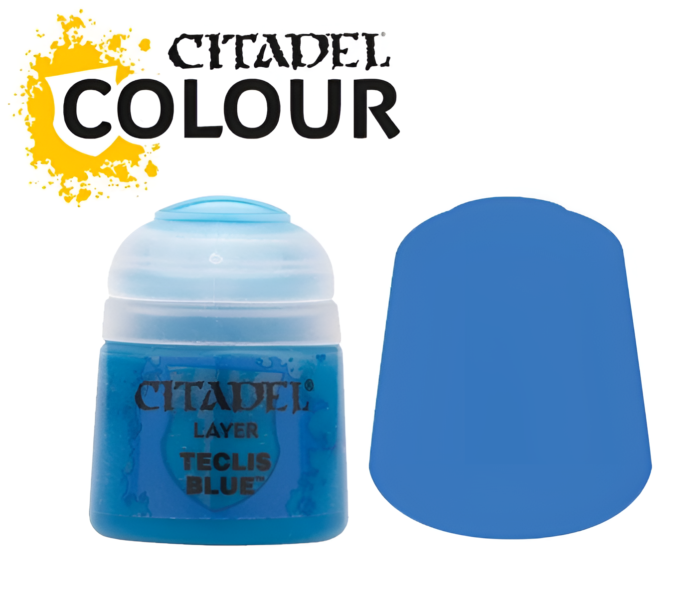 Citadel Layer Teclis Blue paint (12ml) in a container with a blue color swatch beside it, ideal for miniature painting.