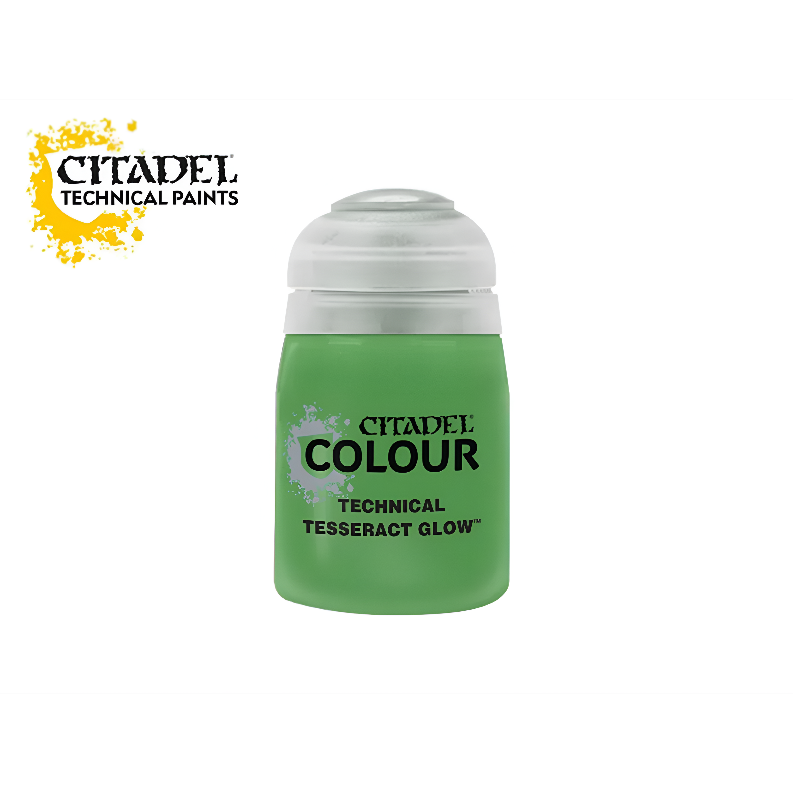 Citadel Technical Tesseract Glow paint in an 18ml container, featuring a vibrant green color for miniatures and models.