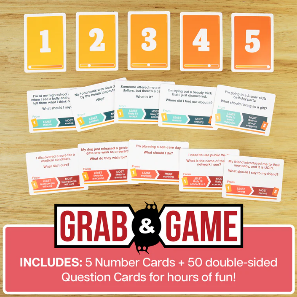 Colorful number cards and double-sided question cards from the Grab & Game: That Escalated Quickly board game.
