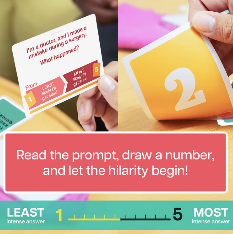 Card game setup showing prompt cards and a scale for intensity, inviting players to share humorous responses.