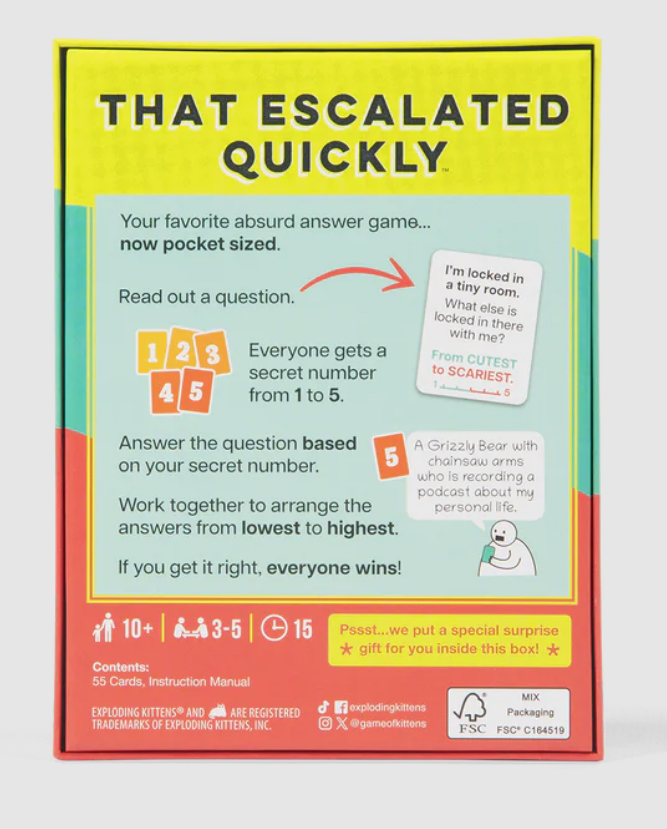 Box for the game "That Escalated Quickly," featuring instructions and game details for 3 to 5 players, ages 10 and up.