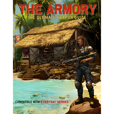 Cover of The Armory RPG guide featuring a character with a weapon near a tropical setting and a thatched-roof building.