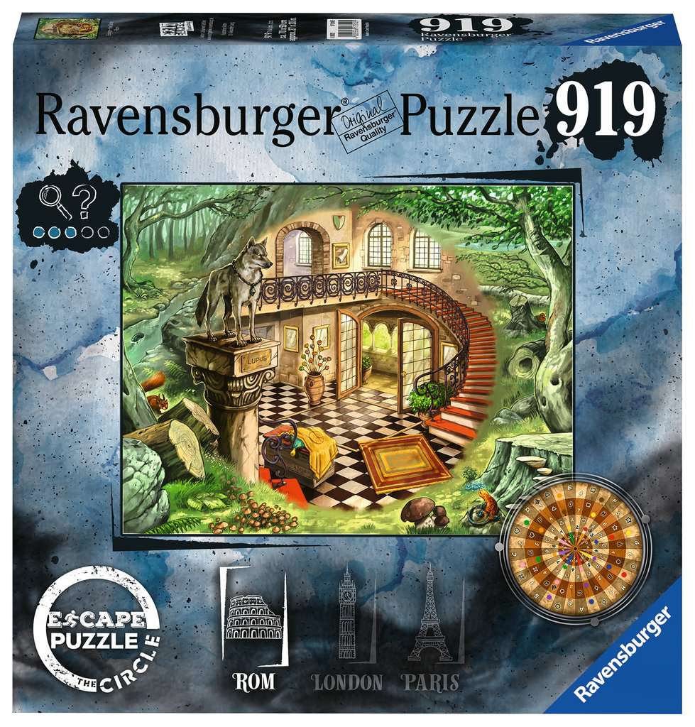 Escape the Circle: Rome 919-piece puzzle featuring a detailed illustration of an elegant interior with a spiral staircase.