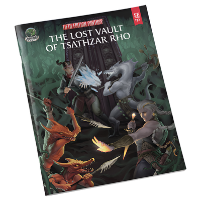 Cover of D&D 5E adventure "The Lost Vault of Tsathzar Rho," featuring characters battling creatures in a mystical forest setting.