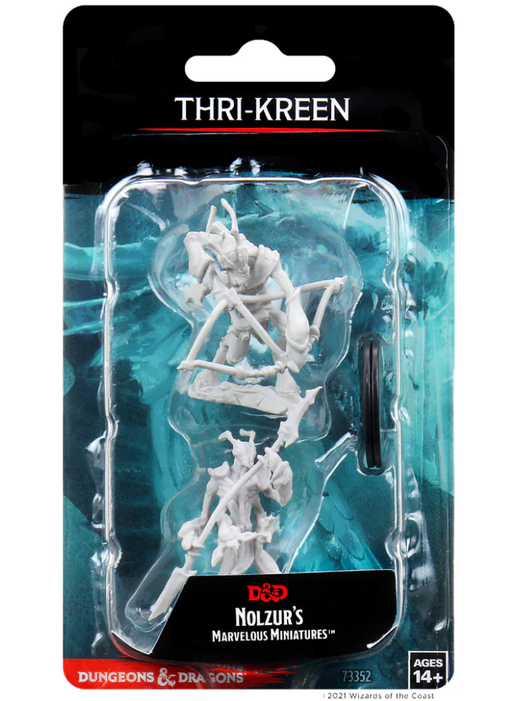 Unpainted Thri-Kreen miniature from Dungeons & Dragons Nolzur's Marvelous Miniatures, ideal for tabletop gaming.