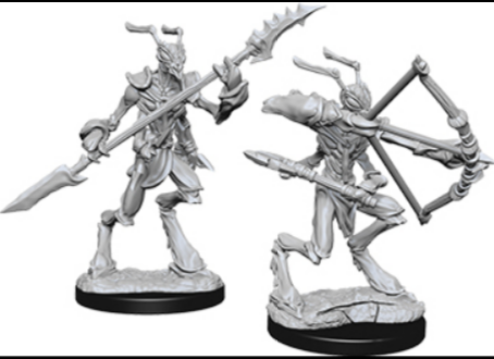 Unpainted Thri-Kreen miniature from Dungeons & Dragons, featuring a warrior with a spear and a bow, ready for tabletop gaming.