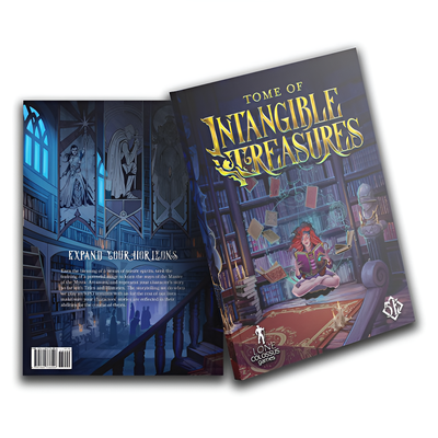 D&D 5E Tome of Intangible Treasures book cover featuring a woman reading in a library, with ornate title and illustrations.