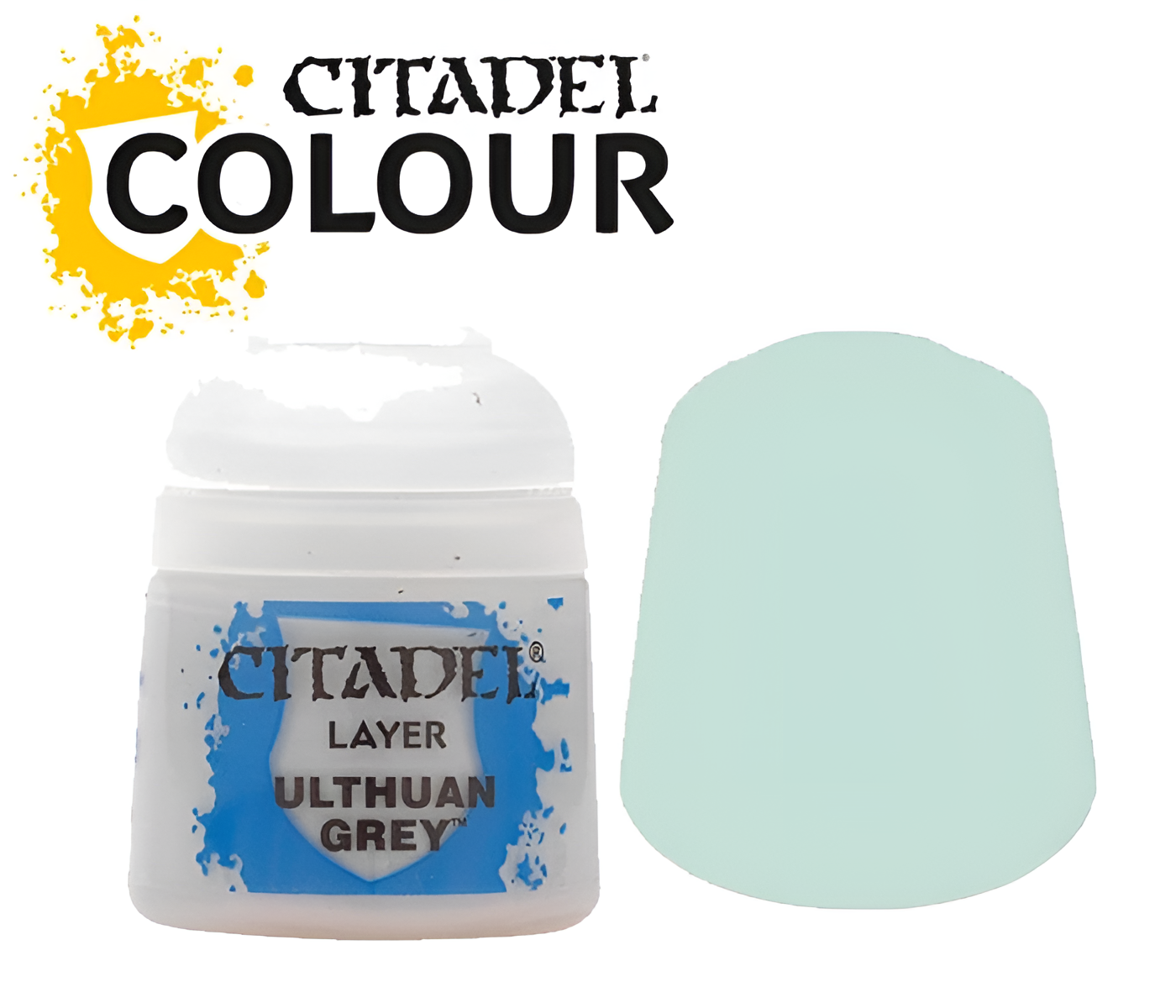 Citadel Layer Ulthuan Grey paint (12ml) in a white container with a light grey color swatch beside it.