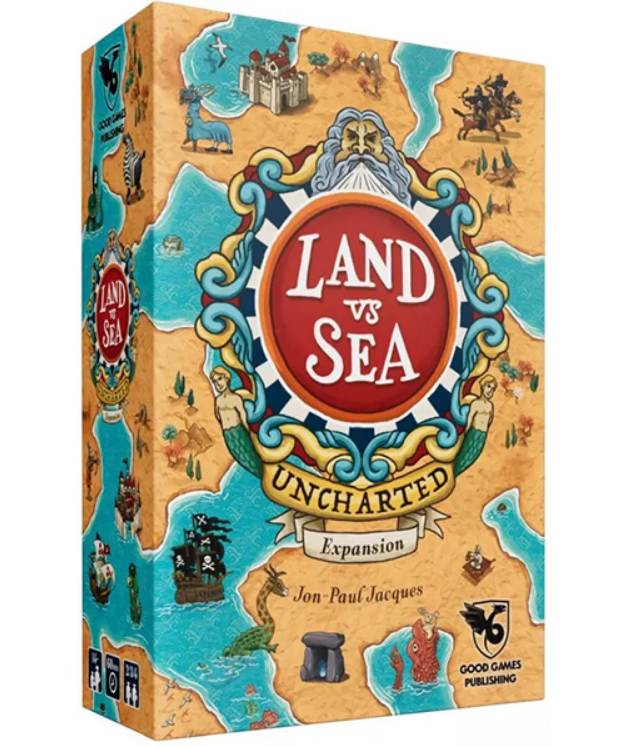 Colorful box art for the Land vs Sea: Uncharted expansion, featuring a detailed map and mythical characters.
