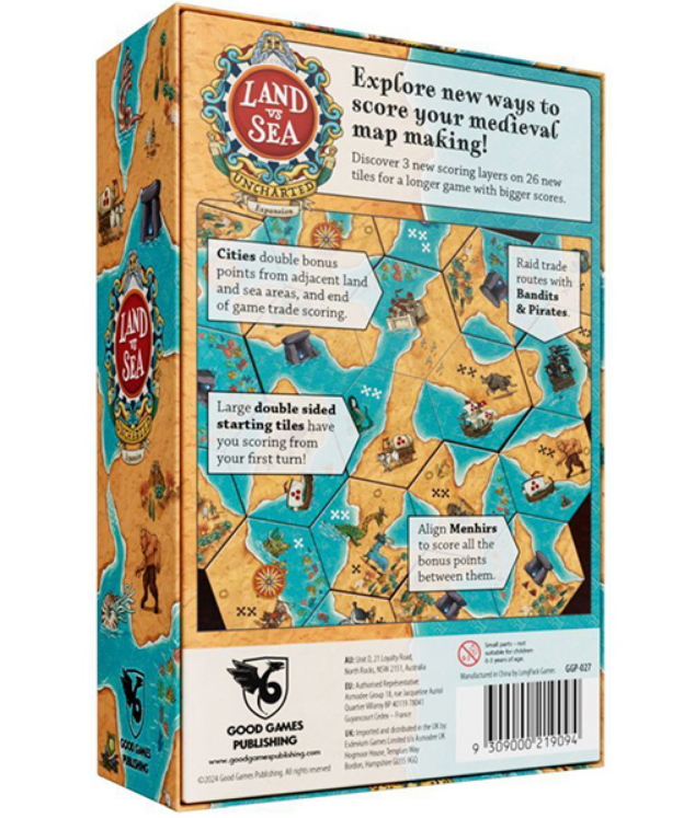 Box cover of "Land vs Sea: Uncharted" featuring game components and scoring details for medieval map-making.