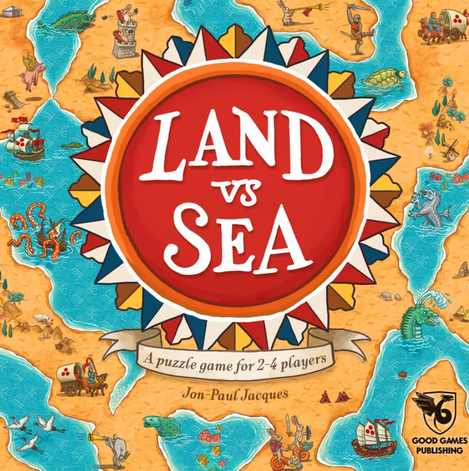 Colorful game board for "Land vs Sea: Uncharted," featuring land and sea elements, ships, and mythical creatures. Preorder now.