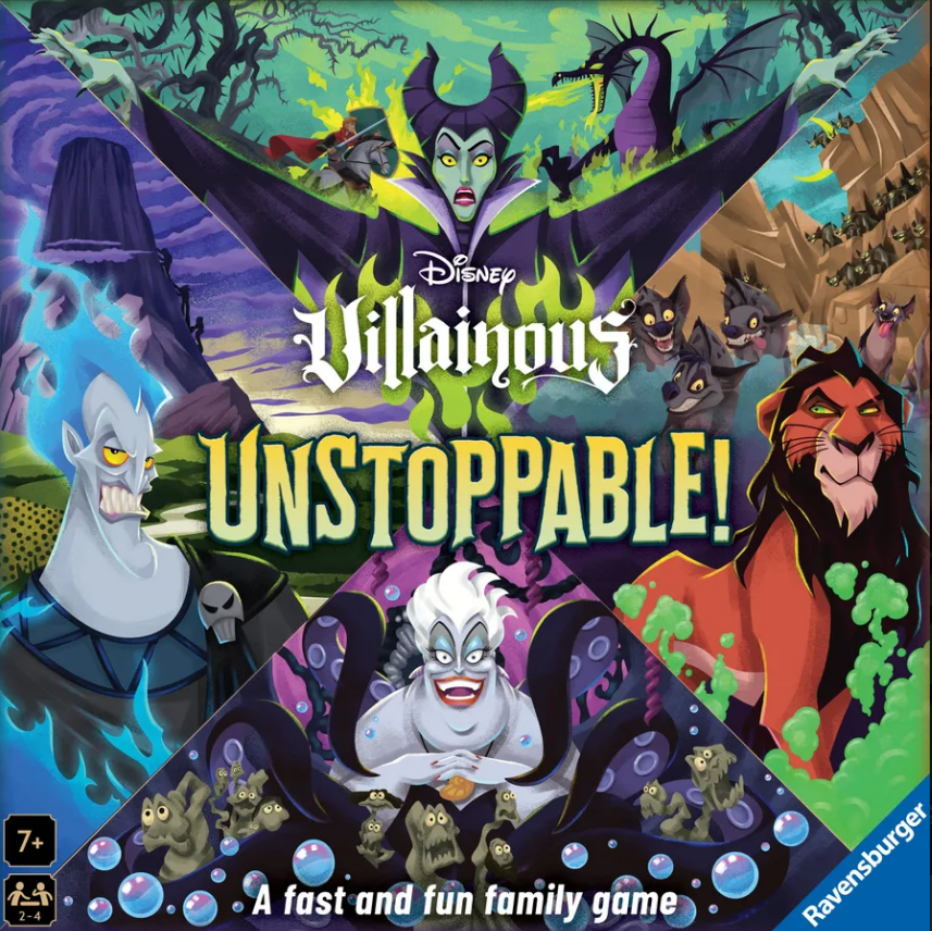 Disney Villainous: Unstoppable! board game cover featuring iconic villains in a colorful, dynamic design.
