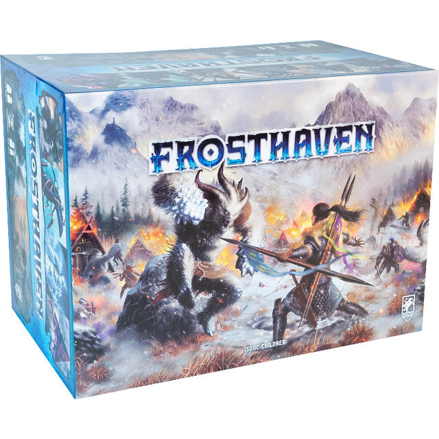 Frosthaven board game box featuring a warrior battling a large beast in a snowy landscape with mountains in the background.
