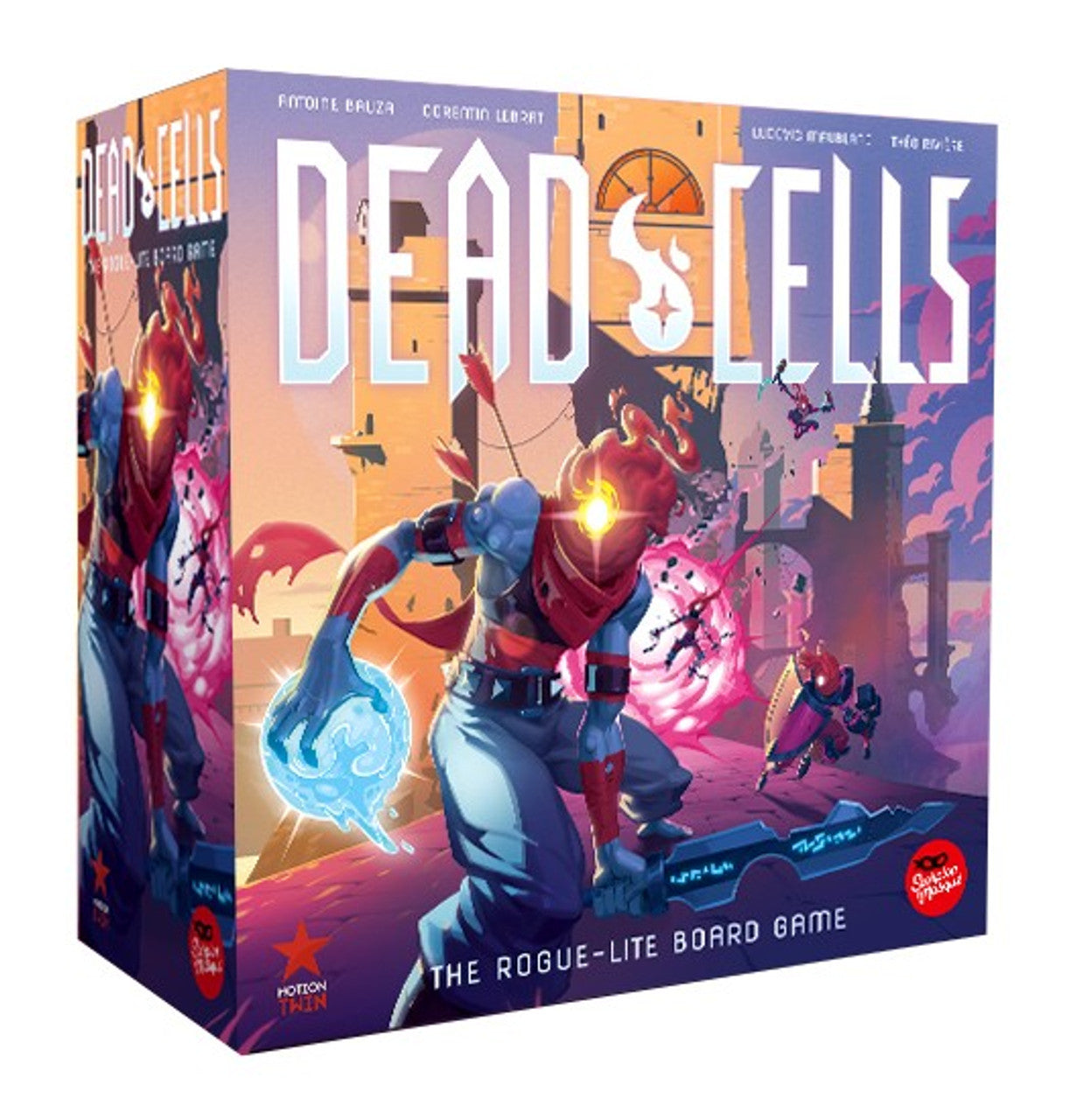 Dead Cells: The Rogue-Lite Board Game box featuring vibrant artwork of a character wielding a glowing orb in a dynamic setting.