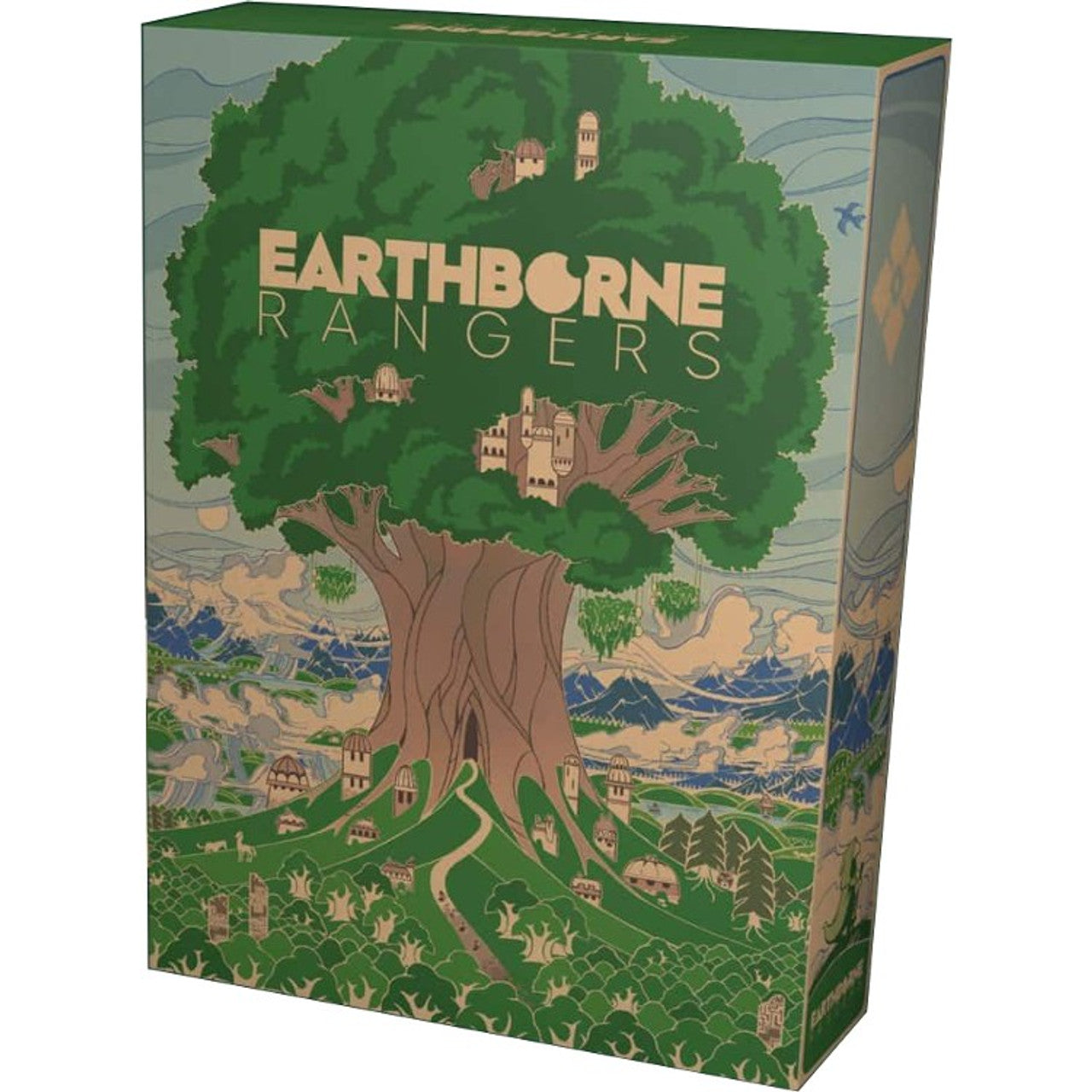 Earthborne Rangers board game box featuring a large tree with a detailed landscape and whimsical illustrations.