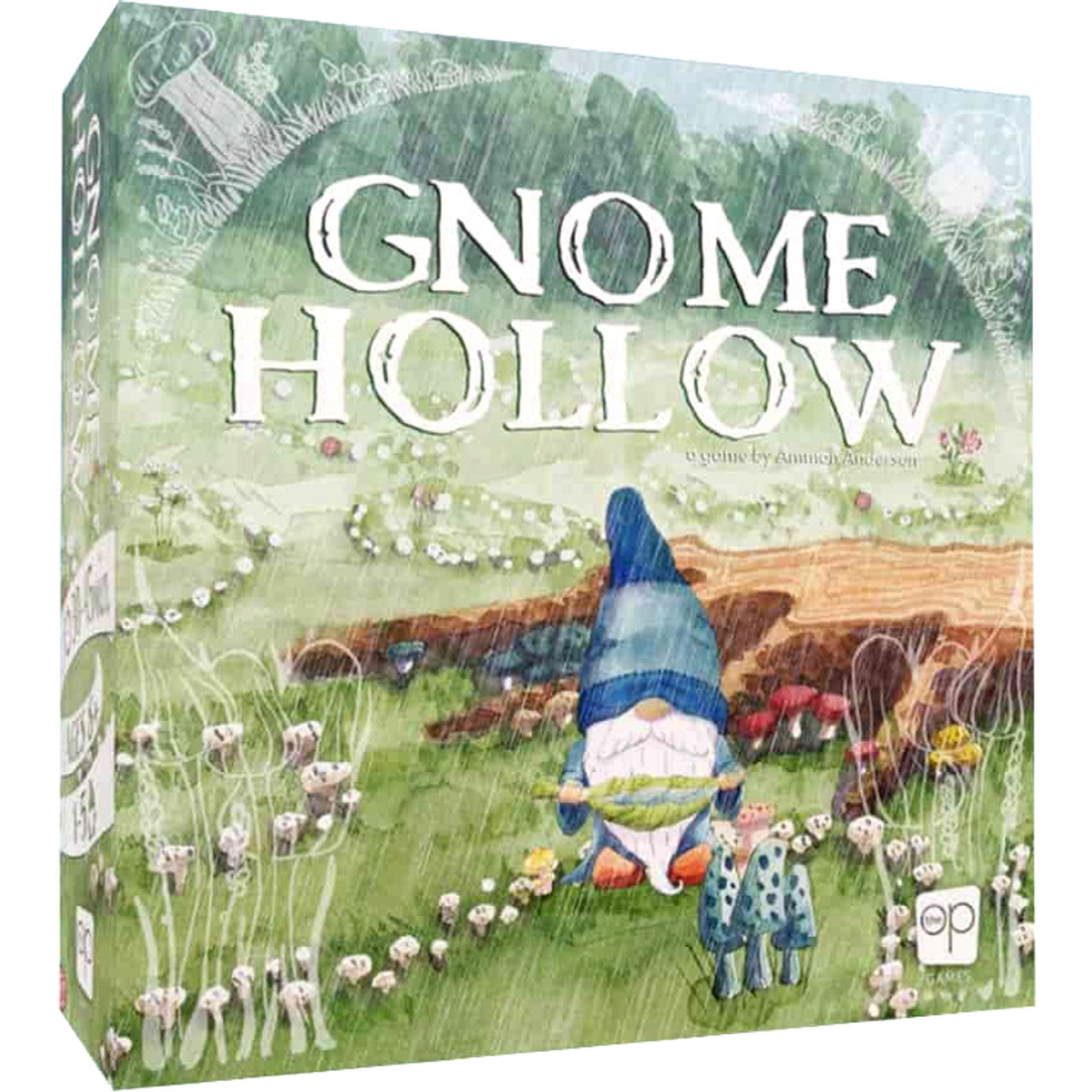 Colorful board game box for Gnome Hollow featuring a whimsical gnome and a serene forest landscape.
