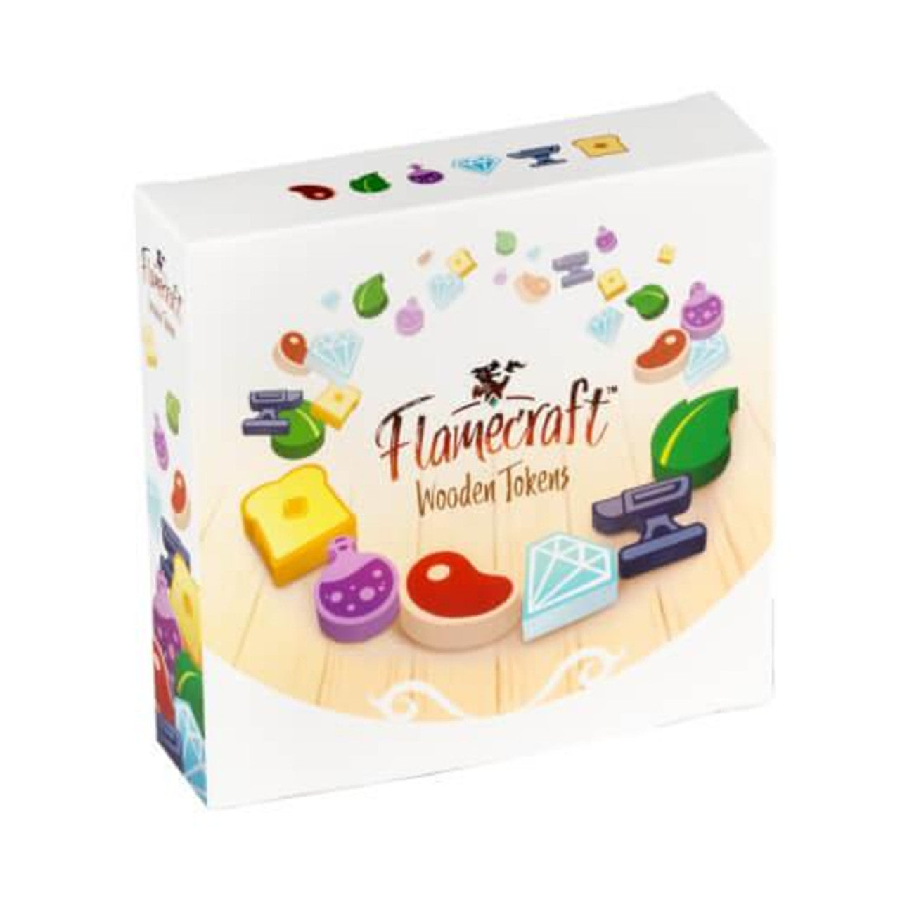 Flamecraft Wooden Resources box featuring colorful wooden tokens shaped like various game elements on a light background.