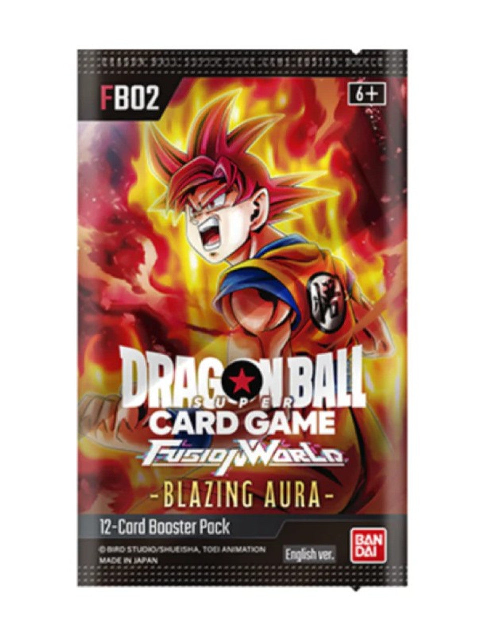 Dragon Ball Super TCG Fusion World Blazing Aura FB02 booster box featuring vibrant artwork of a character in flames.