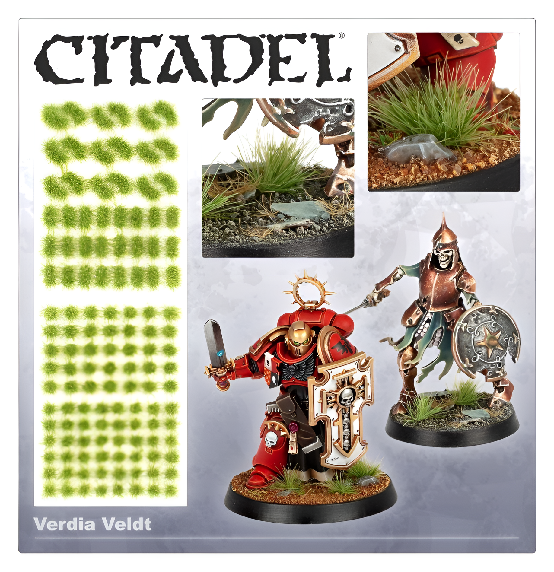 Citadel Tools Verdia Veldt Tufts for miniatures, featuring vibrant green grass tufts and painted models on display.