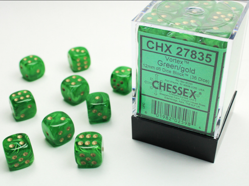 Chessex Vortex Green/Gold 7-die set displayed with a clear container, featuring vibrant green dice with gold pips.