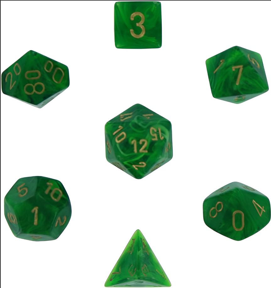 Chessex Vortex Green/Gold 7-die set featuring vibrant green dice with gold numbering, ideal for tabletop gaming.