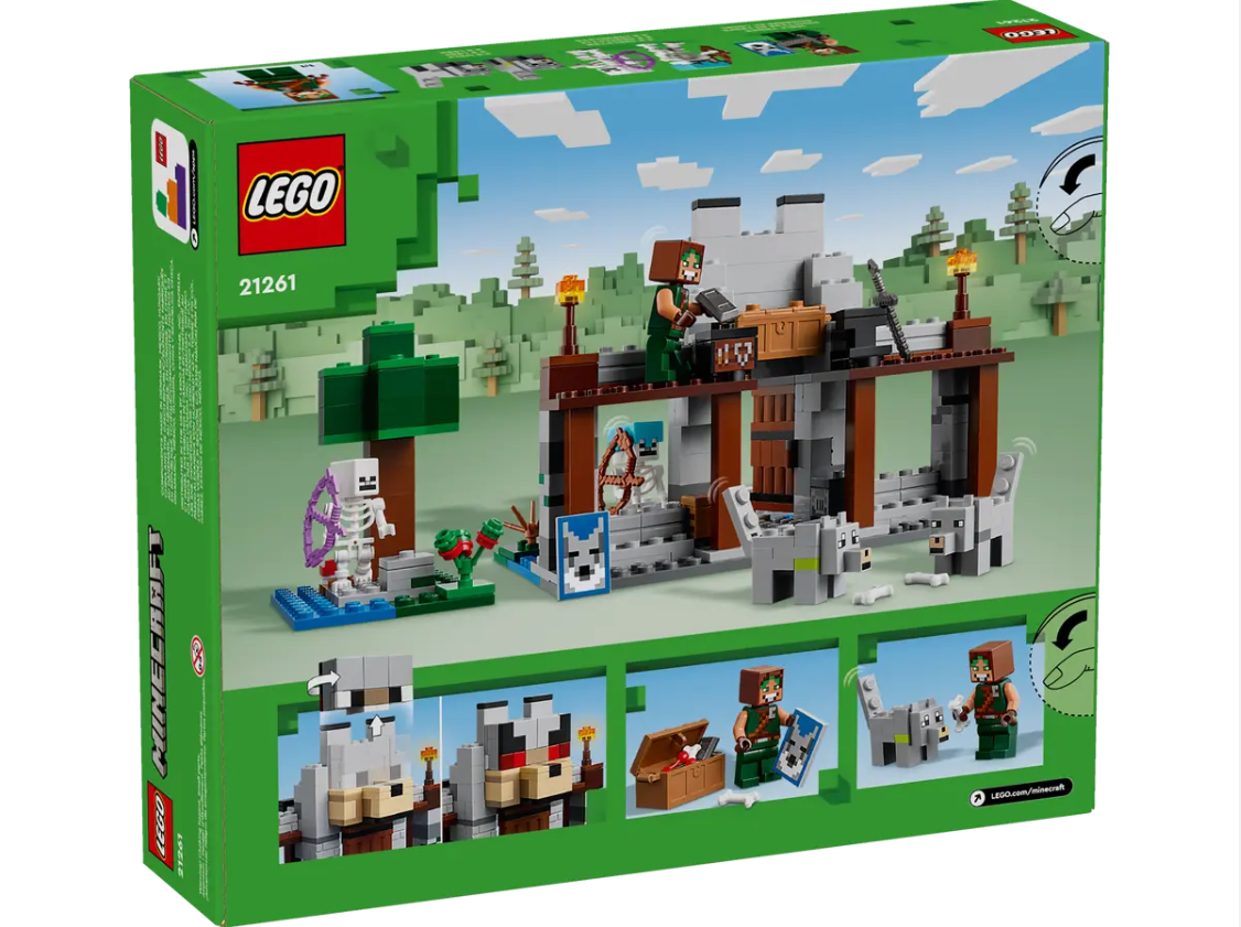 LEGO Minecraft The Wolf Stronghold Fortress Playset 21261 box featuring characters, a fortress, and accessories for gameplay.