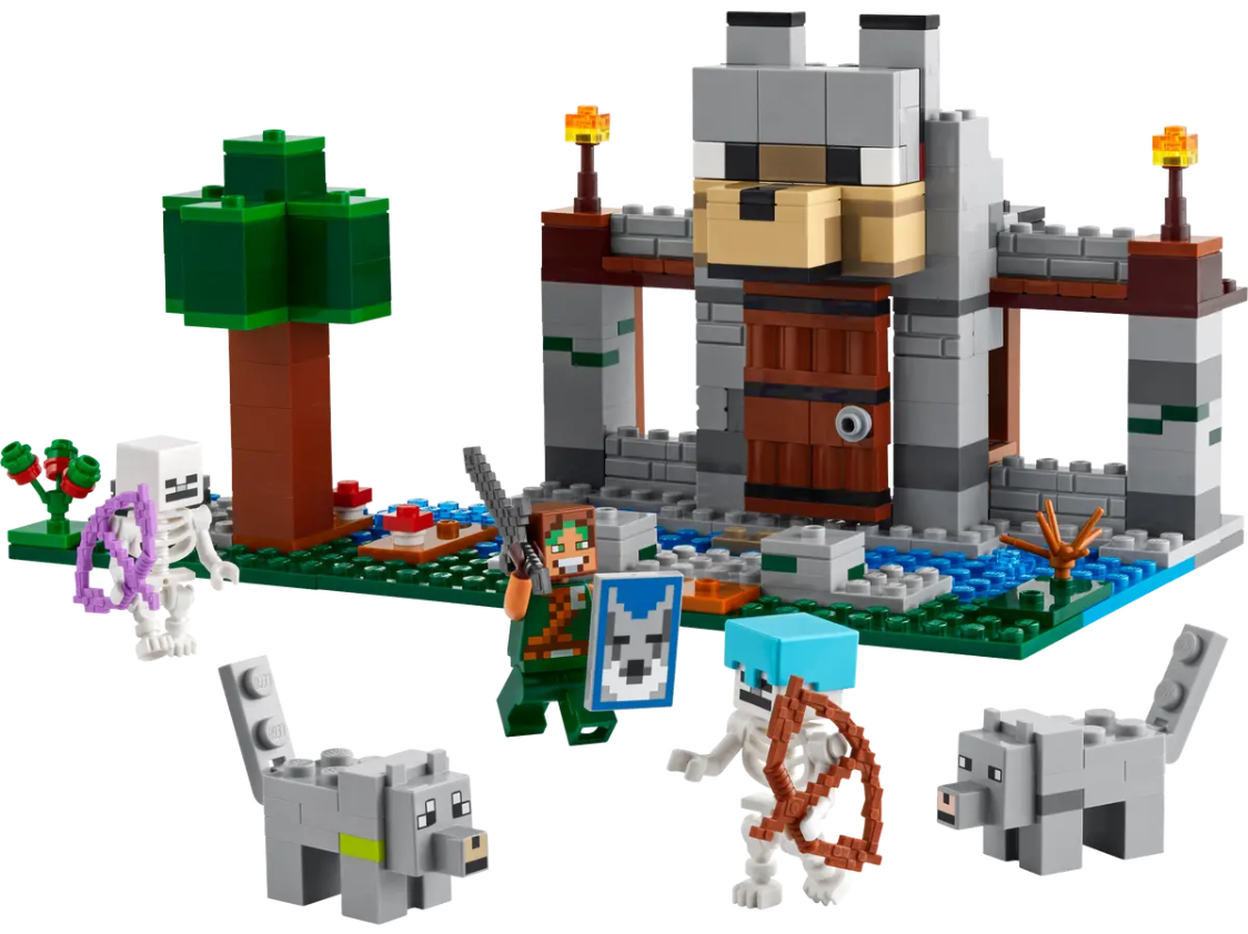 LEGO Minecraft The Wolf Stronghold Fortress Playset 21261 featuring a character, wolves, skeletons, and a fortress.