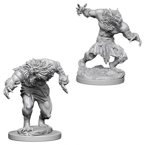 Unpainted miniatures of werewolves for Dungeons & Dragons, showcasing detailed features and dynamic poses.