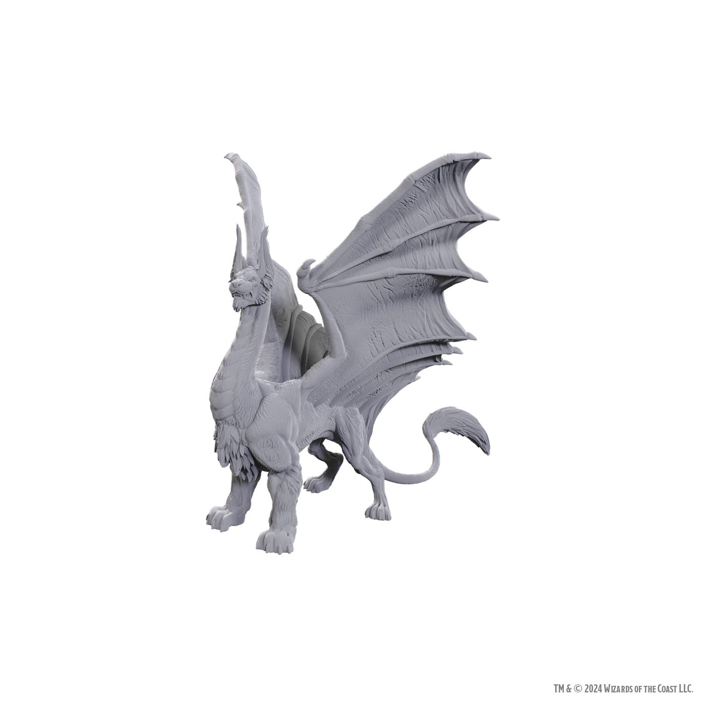 Unpainted Liondrake miniature from D&D Nolzur's Marvelous Miniatures, featuring detailed wings and a fierce stance.