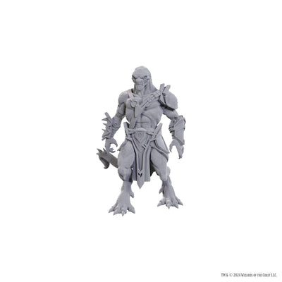 Detailed gray miniature of a Draconian Mastermind from D&D Nolzur's Marvelous Miniatures, showcasing intricate armor and features.